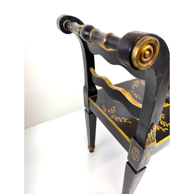 Vintage Chinoiserie Black Lacquer Accent Bench With Gilt Hand-Painted Motifs For Sale - Image 11 of 15