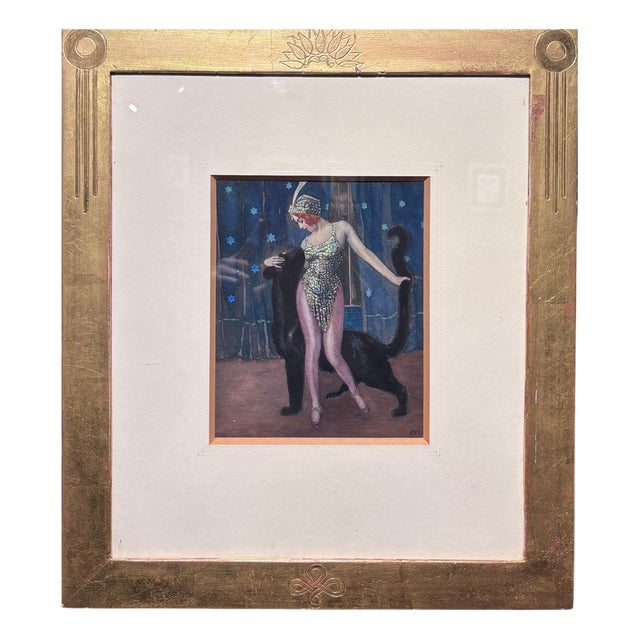 E.K, Soubrette with Panther, 1920s, Tempera, Framed For Sale