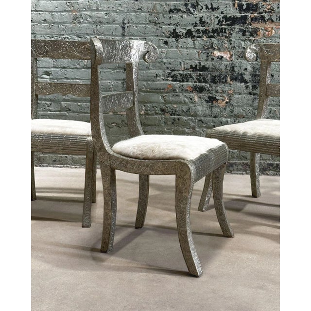 Anglo Raj Style-Indian Hammered Silver Wrap Dining Chairs W/Hair on Hide, 1950 For Sale In Chicago - Image 6 of 12