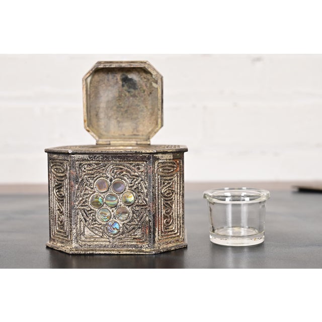 Metal Tiffany Studios New York Silvered Bronze and Abalone Inkwell For Sale - Image 7 of 15