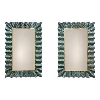 Sculptural Turquoise Murano Glass and Brass Mirrors, 2000s, Set of 2 For Sale
