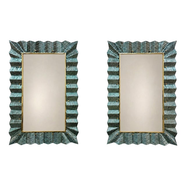 Sculptural Turquoise Murano Glass and Brass Mirrors, 2000s, Set of 2 For Sale