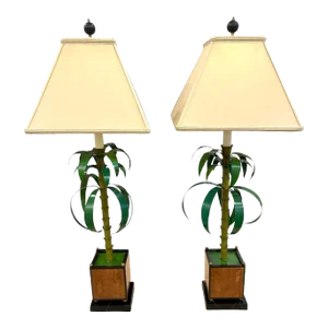 Vintage Potted Palm Tree Tole Lamps in Planters - a Pair