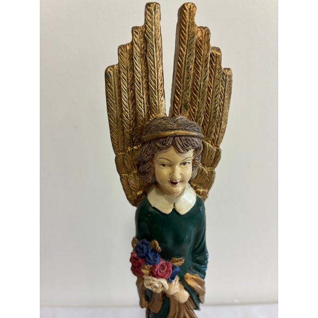 Vintage Carved Angel Figurine With Gold Feathered Wings and Painted Floral Bouquet For Sale In Oklahoma City - Image 6 of 12