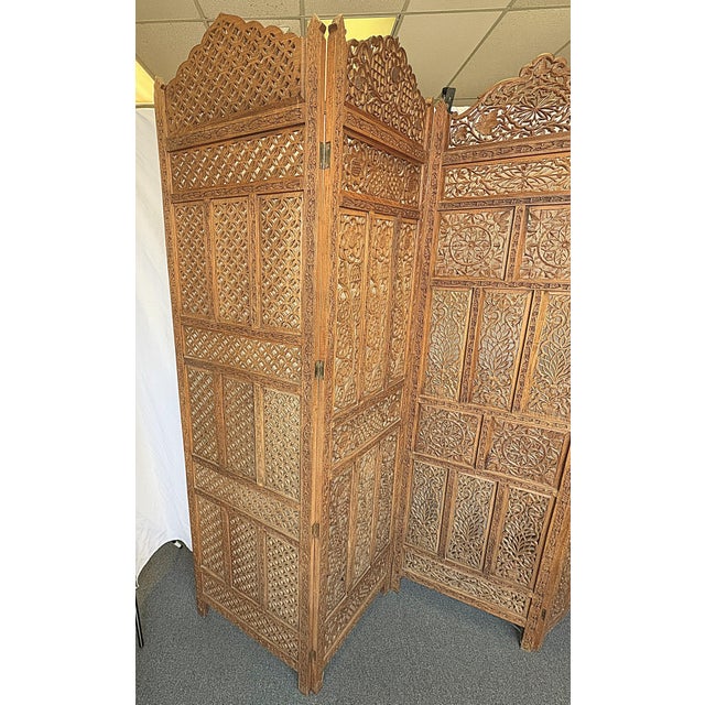 Moroccan 1960's Moroccan Style Pierced Wood 4-Panel Floor Screen- Each Panel Differs For Sale - Image 3 of 12