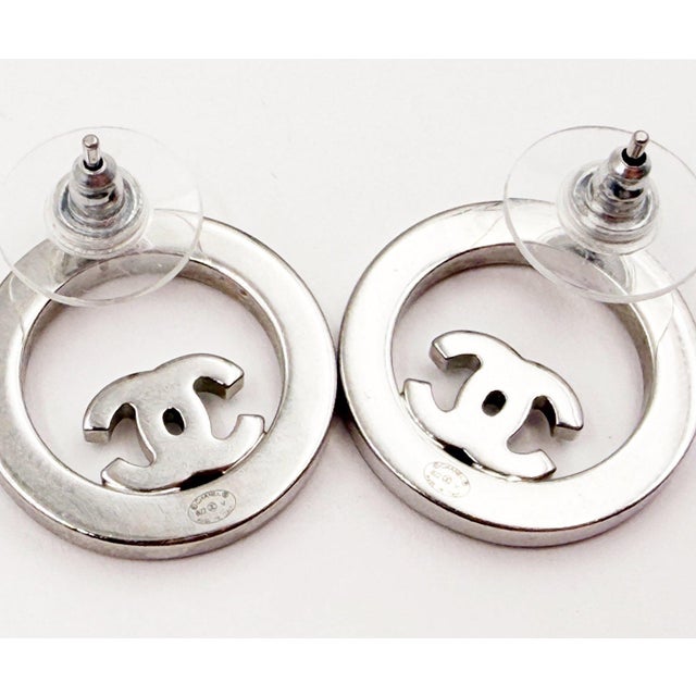 Contemporary Chanel Silver CC Crystal Round Piercing Earrings, A Pair For Sale - Image 3 of 4