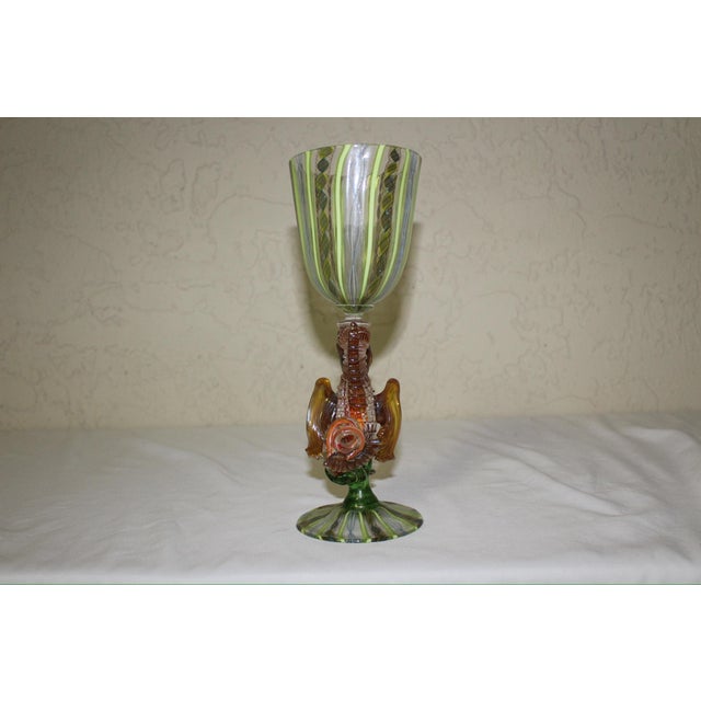 Late 20th Century Vintage Murano Italian Swirl Art Glass Figural Goblet With Winged Creature Stem For Sale - Image 5 of 9