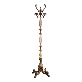Early 20th Century French Carved Onyx & Brass Swivel Dolphin Standing Hall Tree For Sale