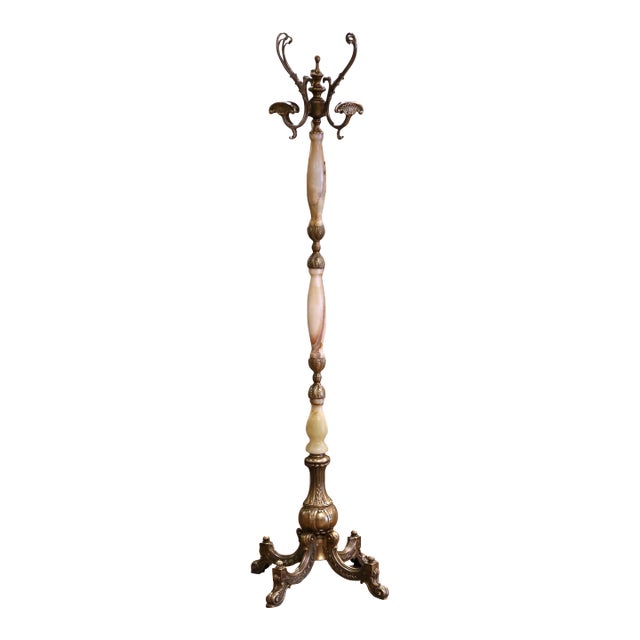 Early 20th Century French Carved Onyx & Brass Swivel Dolphin Standing Hall Tree For Sale