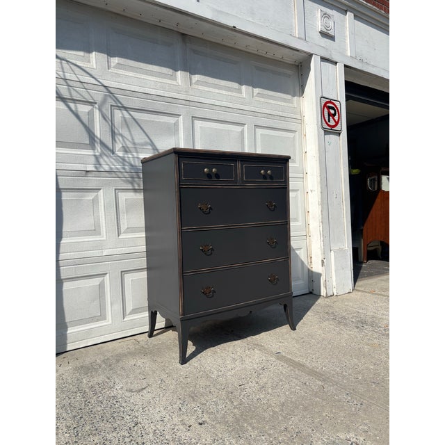 Queen Anne Vintage Queen Anne Style Black Chest of Drawers, Refinished Tall Dresser With Brass Hardware For Sale - Image 3 of 10