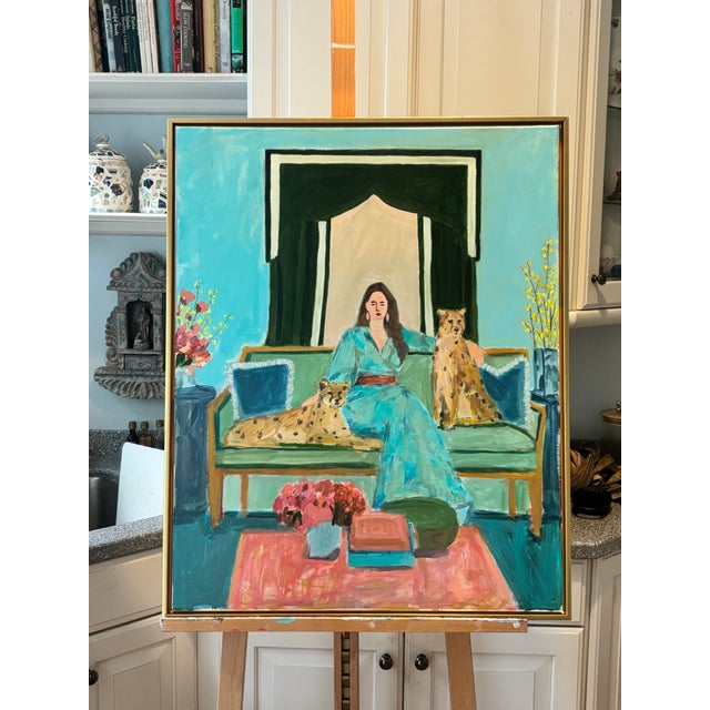 Contemporary Figurative Painting of Woman with Cheetahs A vibrant and whimsical contemporary figurative painting featuring...