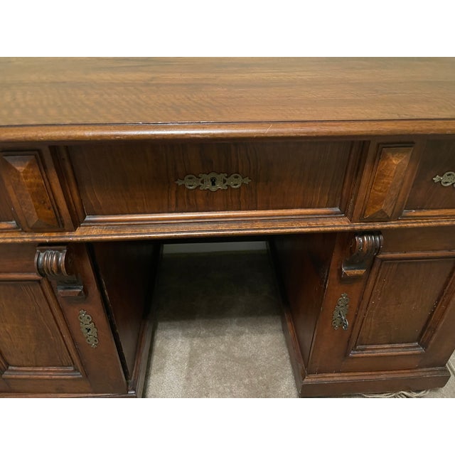 Brown Antique Neoclassical Style Solid Wood Double-Pedestal Executive Desk For Sale - Image 8 of 17