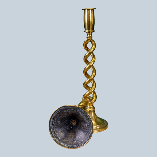 Pair of 19th Century English Brass Barley Twist Candlesticks For Sale - Image 4 of 12
