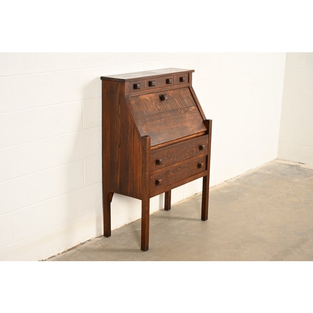 Charles Limbert Stickley Brothers Style Antique Mission Oak Arts & Crafts Drop Front Secretary Desk, Circa 1910 For Sale - Image 4 of 17