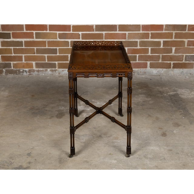 English 19th Century Mahogany Faux Bamboo Side Table with Carved Tray Top For Sale In Atlanta - Image 6 of 12