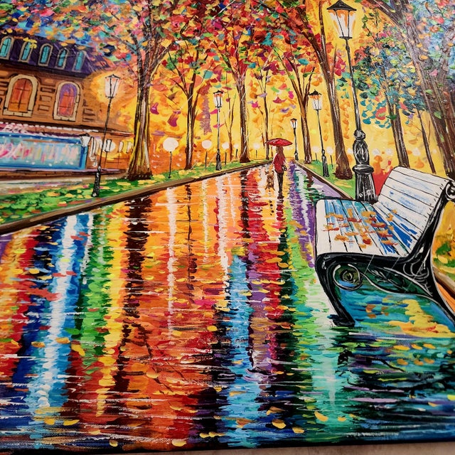 Impressionist style original oil painting on canvas, done with a pallet knife, vibrantly colored street scene of a lone...