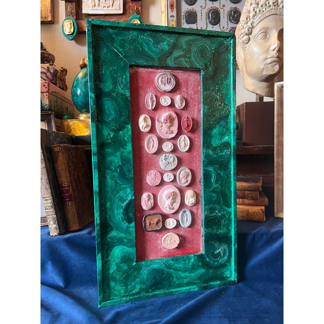 19th Century Italian Grand Tour Intaglio Collection With Painted Faux Malachite Frame For Sale - Image 10 of 12