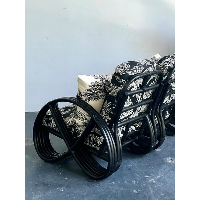 Vintage Black Rattan Sofa in Quadrille “Royal Journey” For Sale - Image 16 of 18