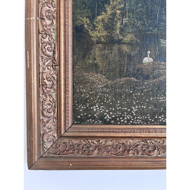 1910s Antique Original Swan Oil Painting, Framed Garden Landscape Art For Sale - Image 5 of 12