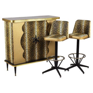 Mid-Century Leopard Cocktail Bar & Stools Set For Sale
