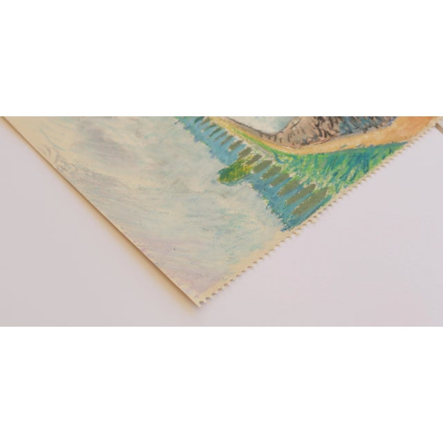1950s Mid-Century Swedish Folk Art Original Oil Pastel Painting, Canal With a Rowboat and Greenery For Sale - Image 10 of 18