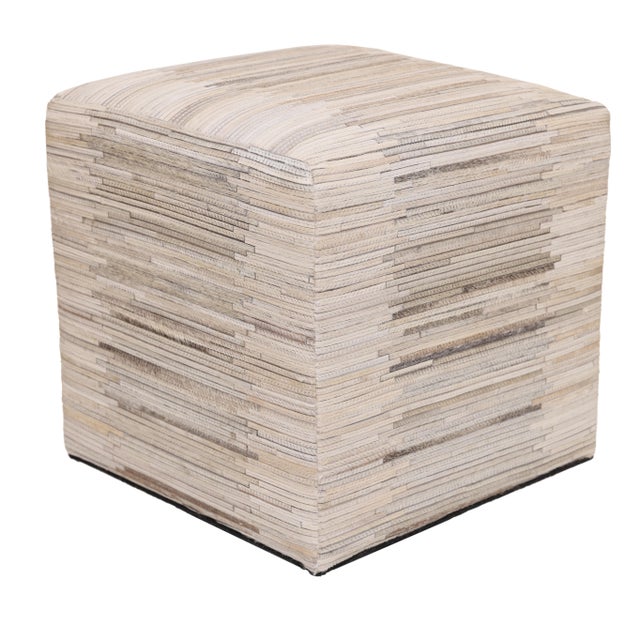 2020s Handmade Cowhide Leather Ottoman Pouf 18x18x18 in Neutral Textured Patchwork For Sale - Image 5 of 10