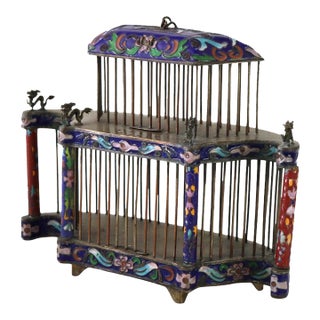 Antique Chinese Floral Cloisonne Enameled Cage With Dragon Finials C1900 For Sale