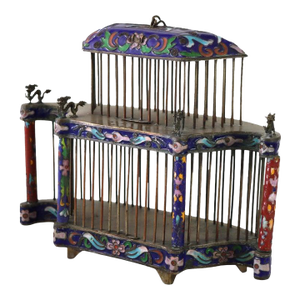 Antique Chinese Floral Cloisonne Enameled Cage With Dragon Finials C1900