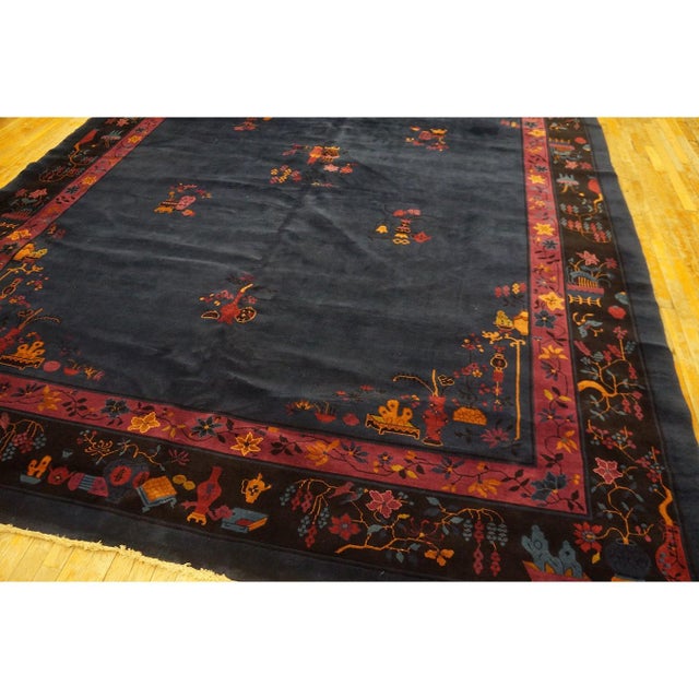 Textile 1920s Antique Navy Floral Oriental Chinese Art Deco Rug in Mandarin Quality For Sale - Image 7 of 11
