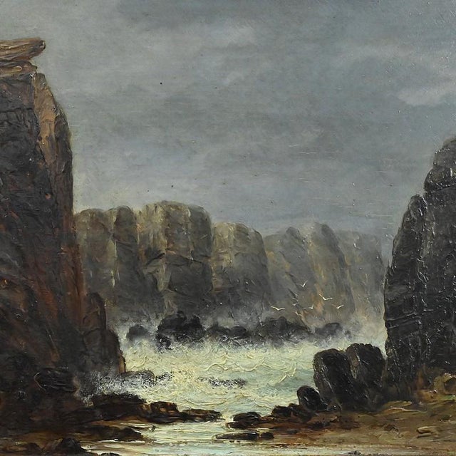 This striking oil painting on wood captures the dramatic power of the Breton coastline, inspired by the rugged landscapes...