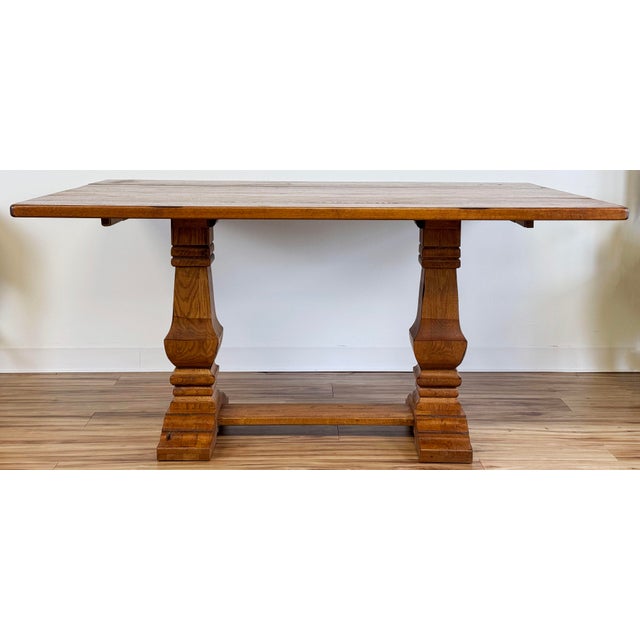 Vintage Solid Wood Tuscan Farmhouse Style Drop Leaf Trestle Table For Sale - Image 4 of 17