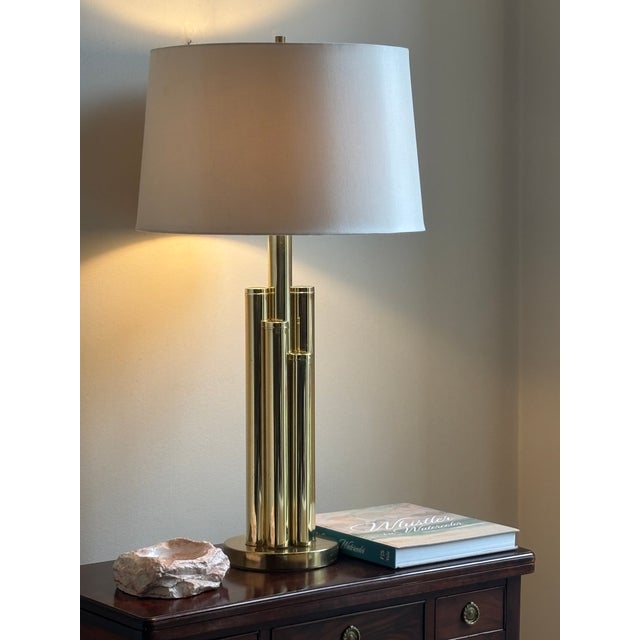 Vintage Mid-Century Modern Tiered Cylindrical Brass Table Lamp For Sale - Image 4 of 18