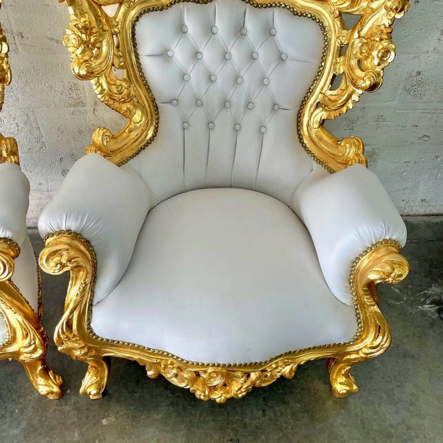 2010s Baroque Style Chair Set – White Leather Upholstery and Gold Leaf Details For Sale - Image 5 of 7
