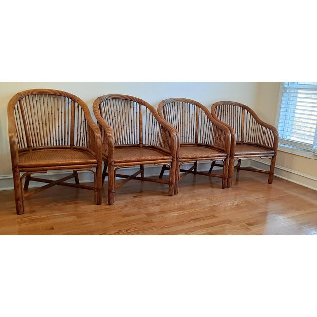 Wood Matching Chinoiserie Bamboo Rattan Cane Club Chairs Set 4 For Sale - Image 7 of 13