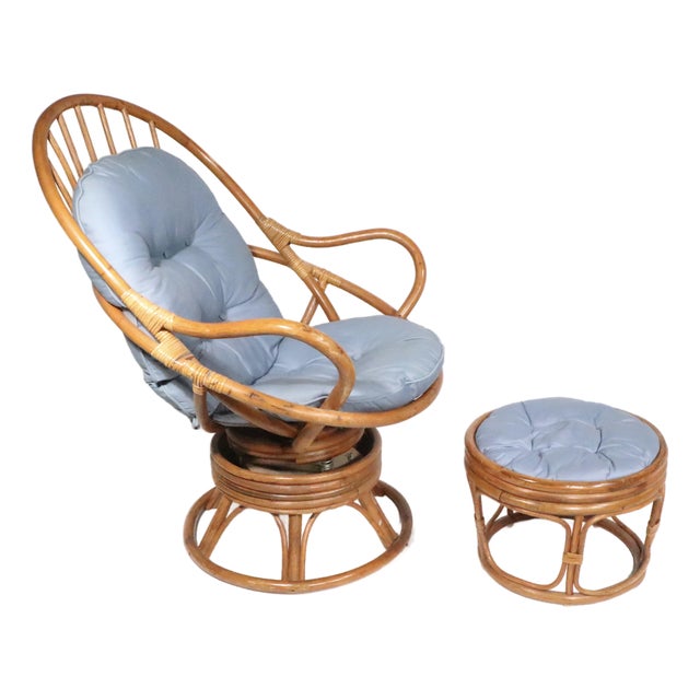 Mid 20th Century Bamboo Swivel Lounge Chair and Ottoman For Sale