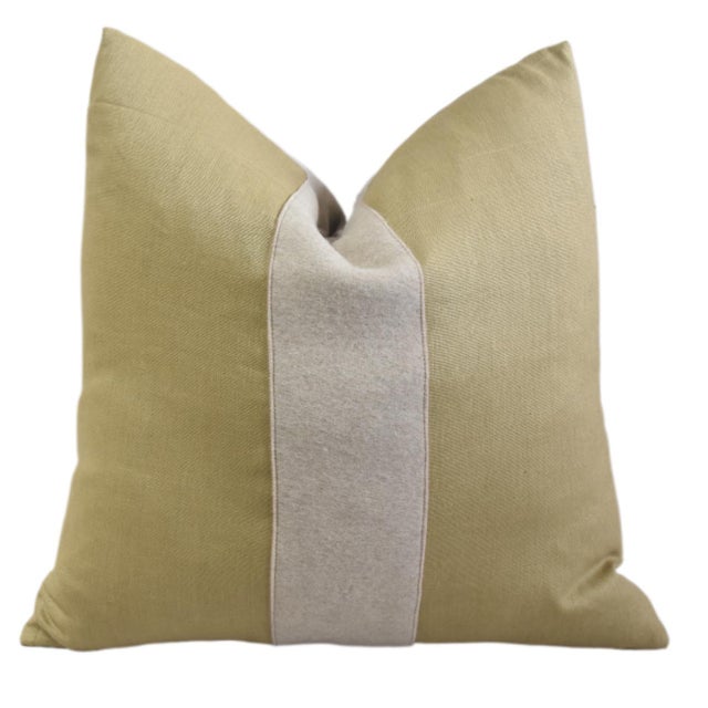 French Gold and Cream Appliqué Stripe Wool & Linen Feather/Down Pillow For Sale In Los Angeles - Image 6 of 6