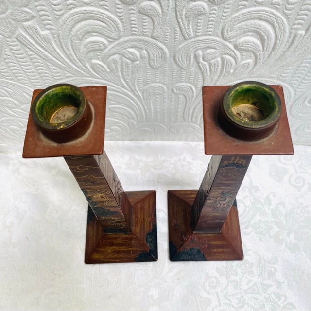 Paint Pair of Antique 1890s Japanese Lacquer Candlesticks For Sale - Image 7 of 11