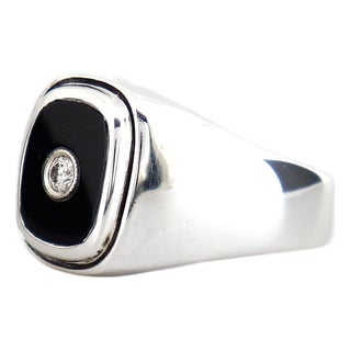 Large Vintage Sterling Silver, Onyx Cabochon, & Diamond Men's Signet Style Ring For Sale