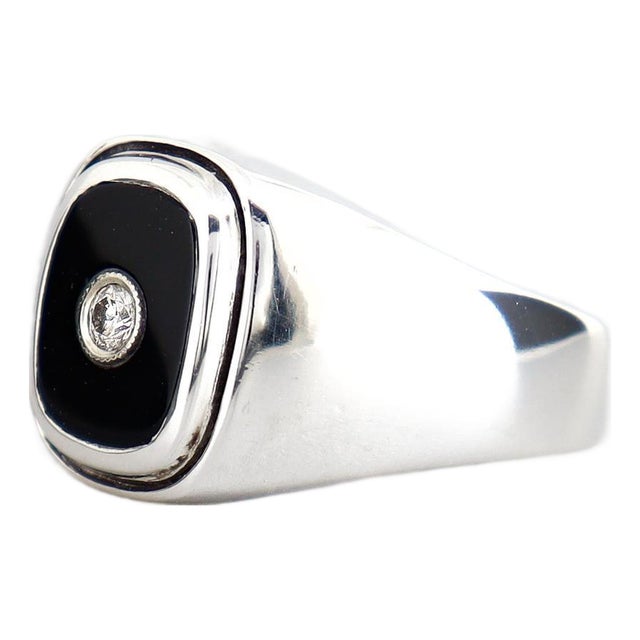 Large Vintage Sterling Silver, Onyx Cabochon, & Diamond Men's Signet Style Ring For Sale