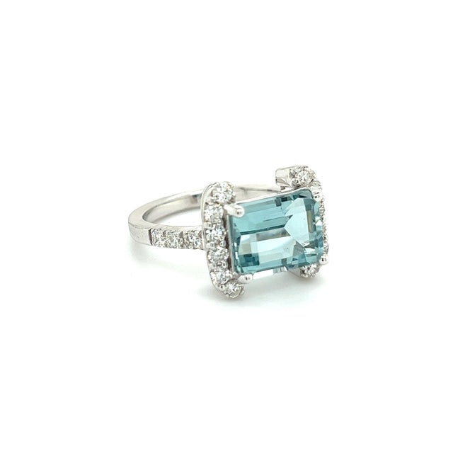 Metal Natural Aquamarine Diamond Ring 6.5 14k white Gold 6.09 TCW Certified For Sale - Image 7 of 12