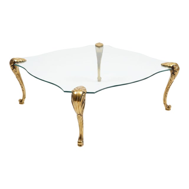 Vintage Hollywood Regency Cast Bronze & Shaped Glass Coffee Table in the Manner of p.e. Guerin For Sale