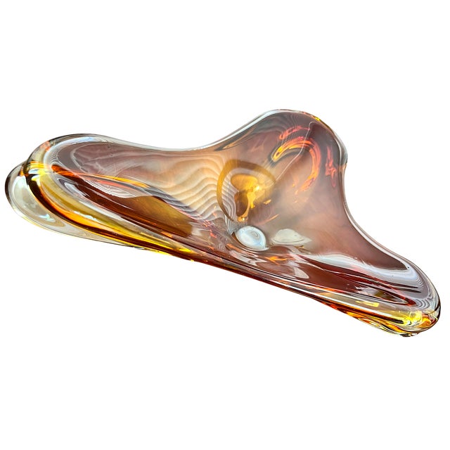 Mid 20th Century Venetian Murano Style Amber Sommerso Art Glass Biomorphic Dish Bowl For Sale In Jacksonville, FL - Image 6 of 11