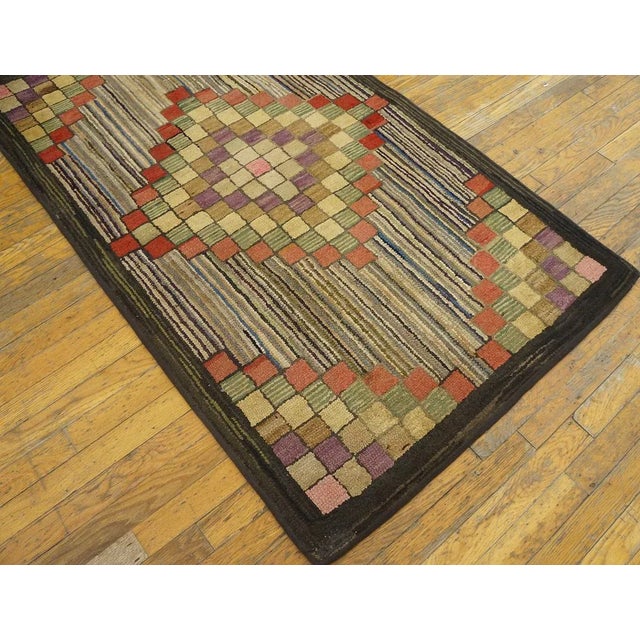Brown Magnificent Multicolored With Tridimensional Symmetric Design Antique American Hooked Rug For Sale - Image 8 of 11