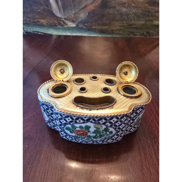 Art Nouveau 1910s Pre Mid Century Jewel Box Inkwell Bronze Porcelain For Sale - Image 3 of 11