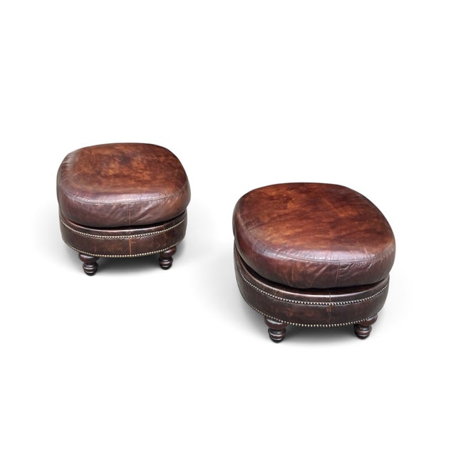 1960s Vintage Oval Brown Leather Ottomans With Brass Nailhead Trim – A Pair For Sale - Image 5 of 7