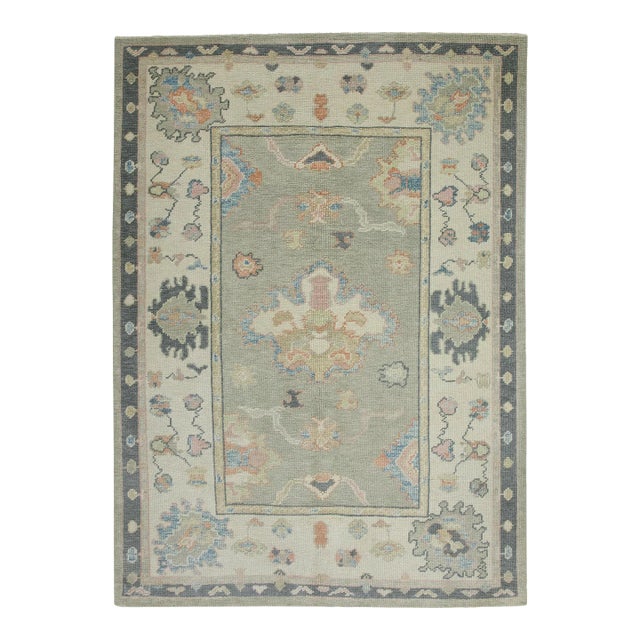 Early 21st Century Green & Charcoal Floral Design Handwoven Wool Turkish Oushak Rug 4'8" X 6'5" For Sale