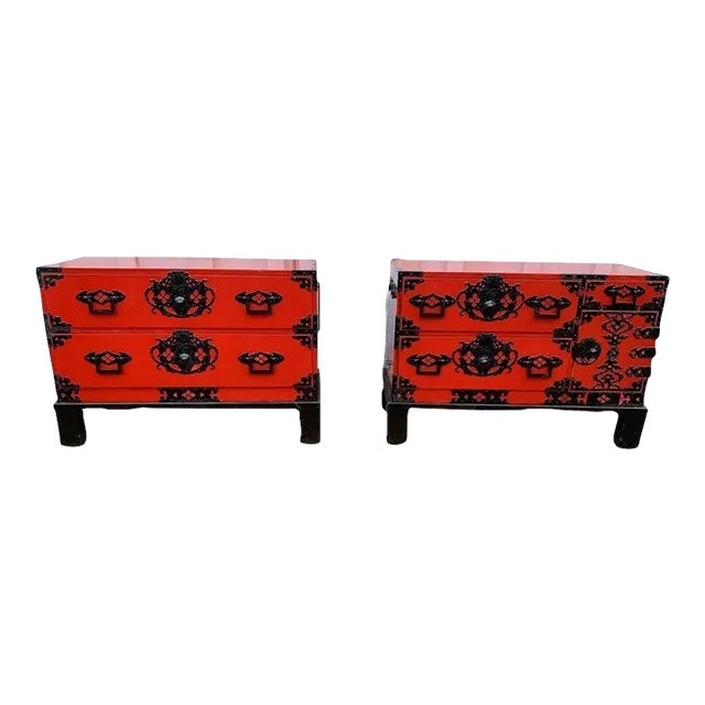 Mid 20th Century Vintage Asian Style Red Painted Iron Mounded Campaign Cedar Type Chests. A Pair For Sale