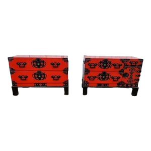 Mid 20th Century Vintage Asian Style Red Painted Iron Mounded Campaign Cedar Type Chests. A Pair