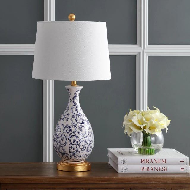 Modern Motif Vase Table Lamp in Blue & White - a Pair For Sale - Image 3 of 8
