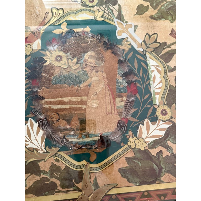 One of a kind work of art coffee table having faux painted vintage French style base with mixed media collage under glass...